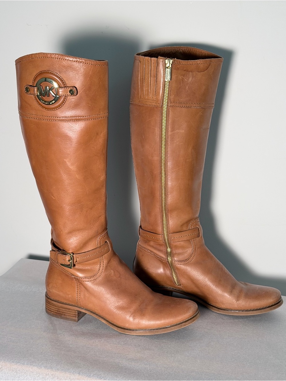 Michael Kors Cognac Leather Knee-High Riding Boots with Gold MK Emblem